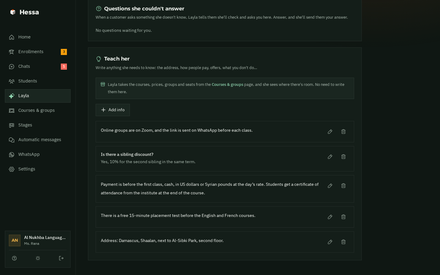 Layla's “Teach her” page in dark mode