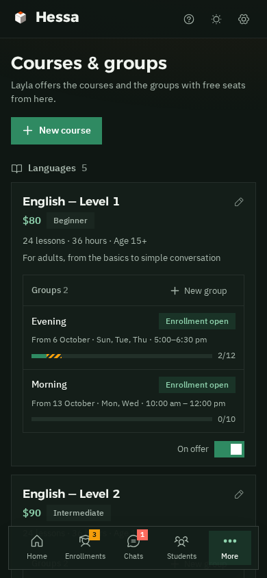 Courses on a phone in dark mode