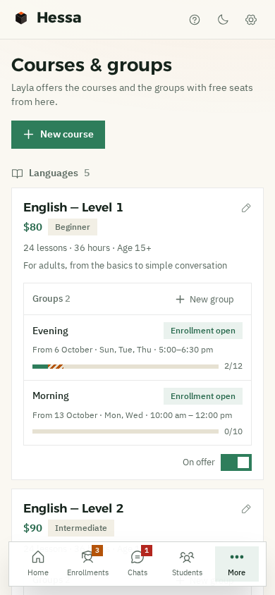 Courses on a phone: Coding for Kids with its price and age range, and its after-school group marked “Full”, 8 of 8