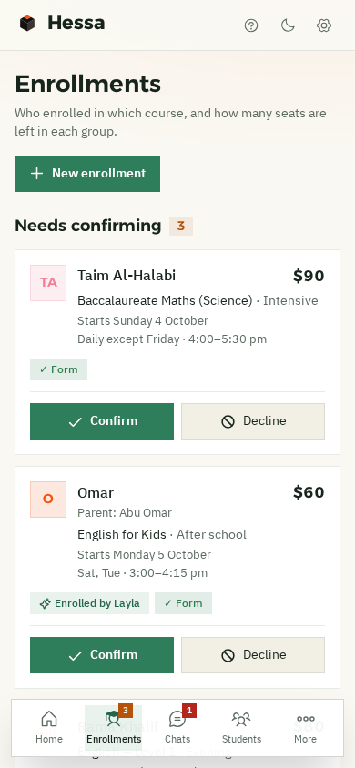 Enrollments on a phone: enrollments that need confirming, with Confirm and Decline buttons
