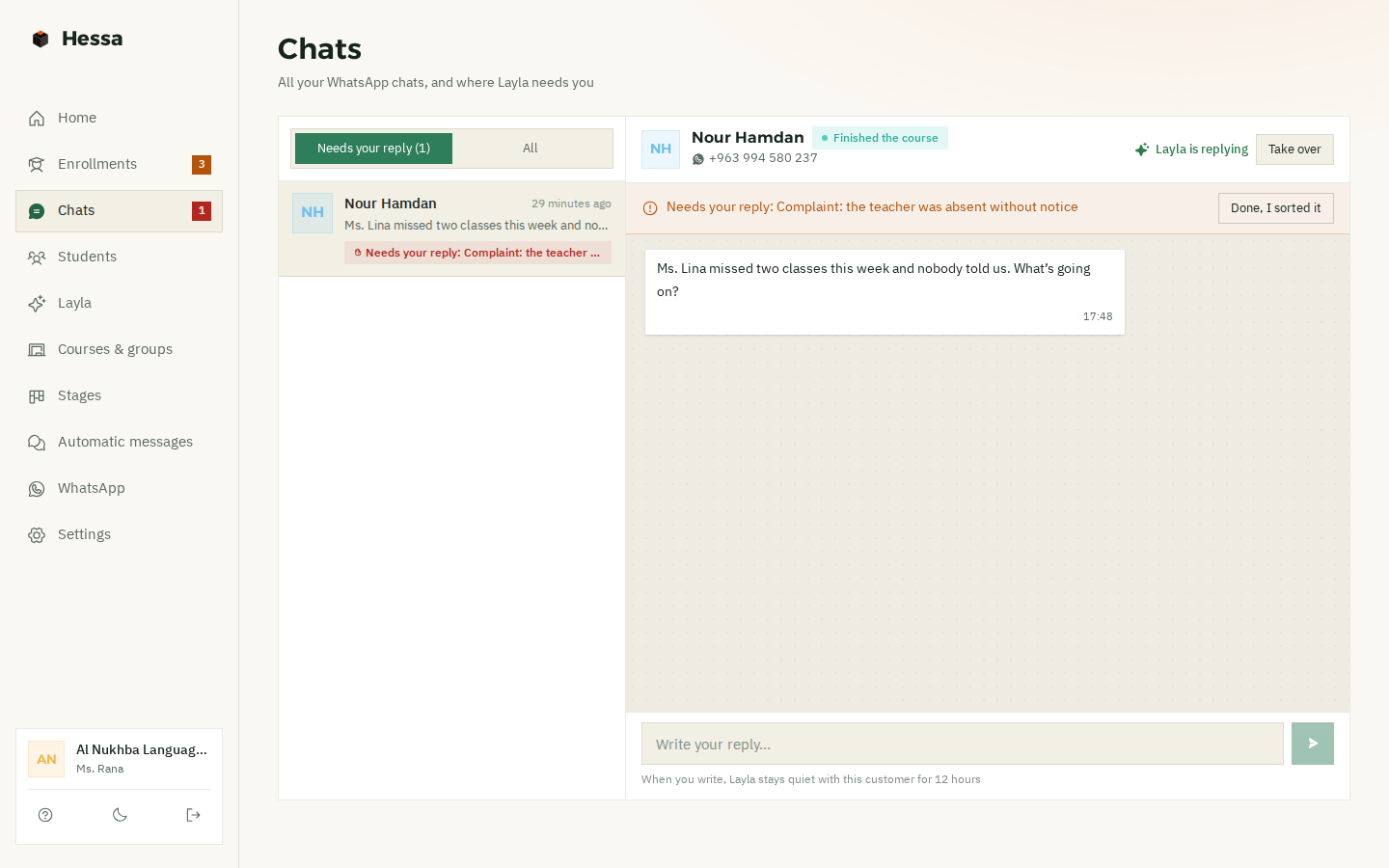 The chats page: a mother says the teacher missed two classes this week without telling them; the chat is marked “Needs your reply: complaint, teacher absent without notice”, with “Take over” and “Done, sorted” buttons